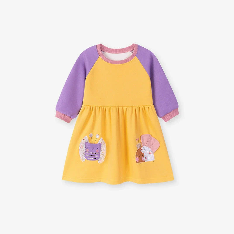 Autumn and Winter Arrival Cartoon Pattern Color Patchwork Long Sleeves Crew Neck Dress for Stylish Girls-2